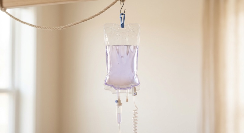 An infusion bag hanging in the Paradigm Wellness IV lounge