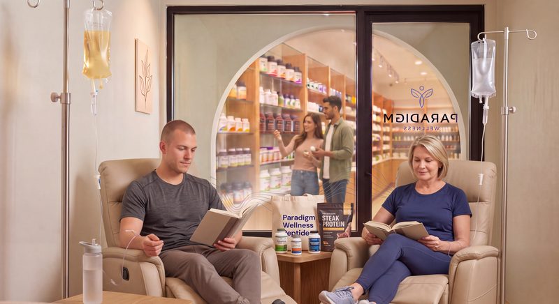 A man and a woman reading in recliners while they receive infusions at Paradigm Wellness