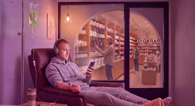 A man in headphones relaxing in a recliner with his phone while he receives an infusion at Paradigm Wellness